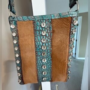 Raviani croc-look and hair on cowhide leather crossbody with bling